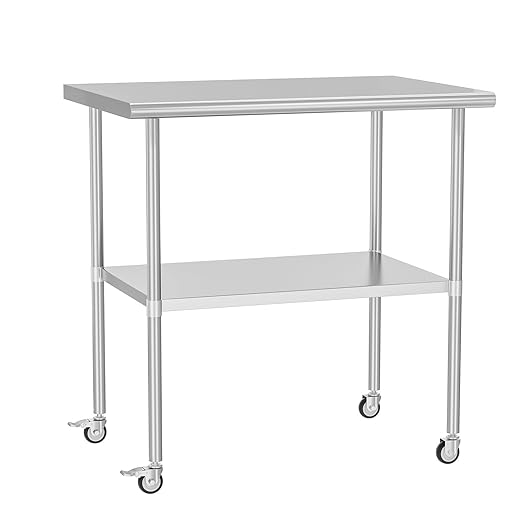 Stainless Steel Table with Wheels 30" x 36" Utility Worktable with Adjustable Undershelf for Commercial Kitchen, Garage, Restaurant