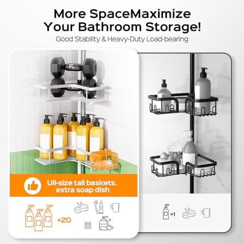 HAMITOR 4-Tier Bathtub Shower Caddy, Tension Pole Corner Shelves - Image 5
