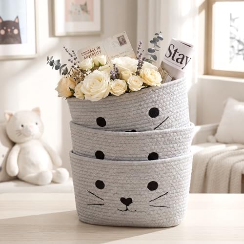 3-Tier Cat Theme Cotton Rope Hanging Basket Organizer, Wall Storage Bin - Image 4