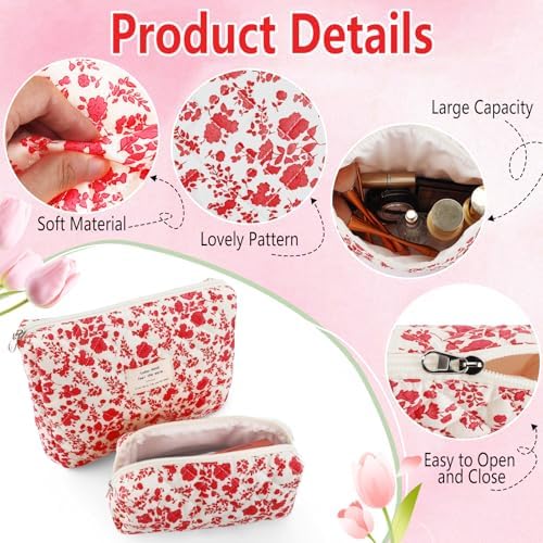 2Pcs Quilted Makeup Bag Set Flower Cute Pencil Case Large Small Travel Makeup - Image 4