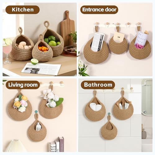Hanging Storage Baskets Boho Decor Set of 3, Handmade Cotton Rope Wall-Mounted - Image 5