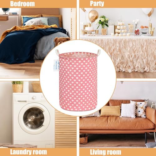 Round Laundry Basket Collapsible Storage Hamper Organizer Pink Heart - Image 3