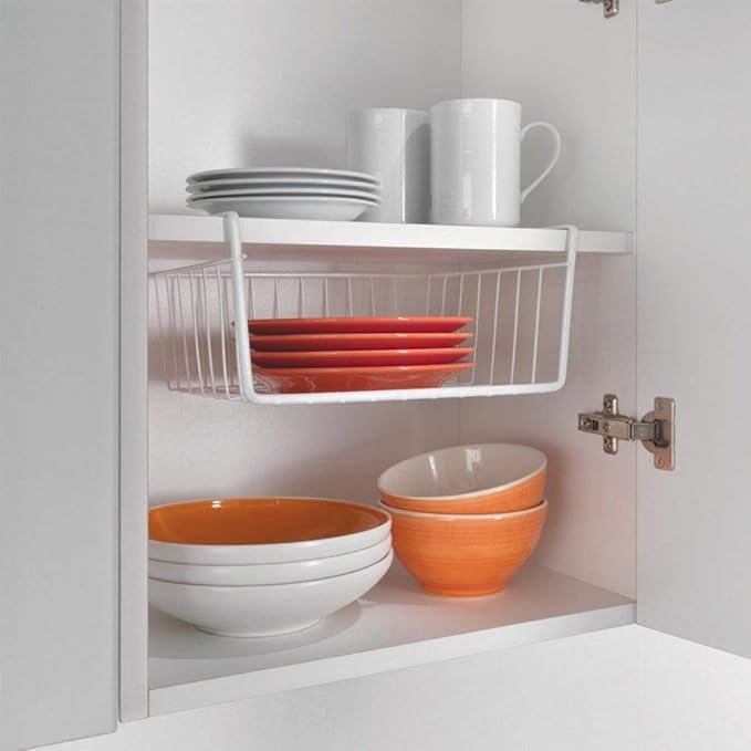 Modern Home Under Shelf Wire Storage Baskets – Hanging Organizer Rack for Cabinet, Pantry, or Closet – White Metal Basket for Kitchen, Towels, or Office – No Tools Required (Set of 4 10.25")