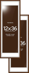 Homeforia 12x36 Picture Frame Brown, High End Dark Oak 12x36 Walnut Wood Poster Frame with Mat 10x30 Art, 12 x 36 Wooden Frame Matted to 10 x 30 Photo, 36x12 Frames, Tempered Glass, Wall Kit, Set of 2