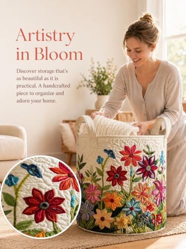 Quilted Laundry Basket with Handles, Boho Floral Quilted Storage Hamper - Image 6