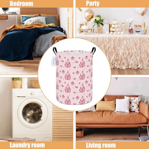 Round Laundry Basket Collapsible Storage Hamper Pink Castle - Image 3