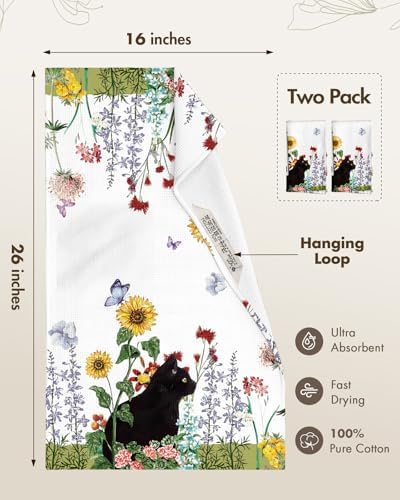 Miss Adola 2pcs Cotton Waffle Kitchen Towels, Cat in Flowers - Image 4
