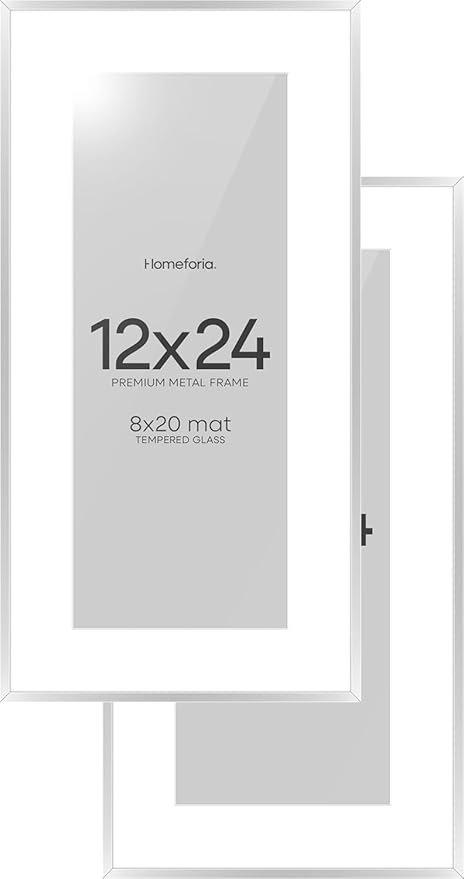 Homeforia 12 x 24 Picture Frame Silver, High End Metal 12x24 Poster Frames with Mat 8x20 Photo, 12 x 24 Silver Frames Matted to 8 x 20 Print, 24by12 Panoramic Frame, Tempered Glass, Wall Kit, Set of 2