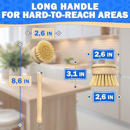 5 Pcs Bamboo Dish Brush Set, Non-Scratch Bristles, Replacement Head - Image 4