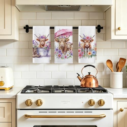 Jztco 3 Pcs Cow Kitchen Towels, Colorful Flower Soft Absorbent Hand Towels - Image 5