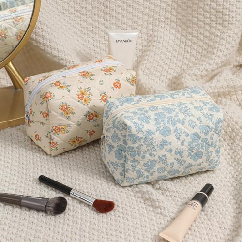 RSRSLEII 2Pcs Quilted Cotton Makeup Bag Set, 21 Blue Flowers Set - Image 7