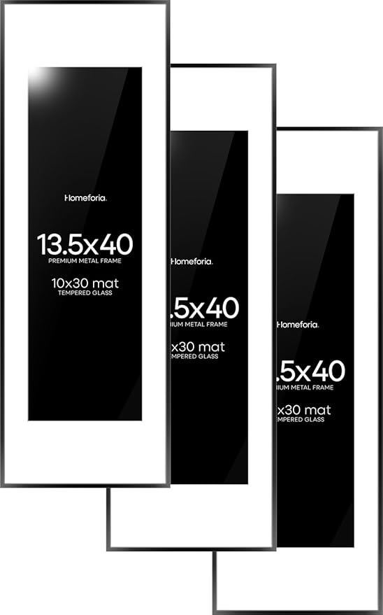 Homeforia 13.5x40 Panoramic Frame Black, High End Metal 13.5x40 Picture Frames with Mat 10x30 Photo, 13.5 x 40 Poster Frame Matted to 10 by 30 Print, 40x13.5 Frames, Tempered Glass, Wall Kit, Set of 3