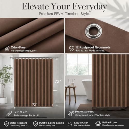 EHZNZIE Brown Shower Curtain Liner 72x72, PEVA Waterproof Bath Curtain - Image 3
