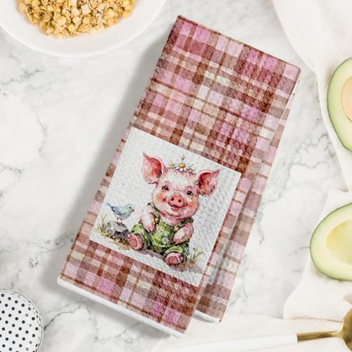 Jztco 2 Pcs Cute Pig Kitchen Towels, Plaid Pink Soft Absorbent Hand Towels - Image 3
