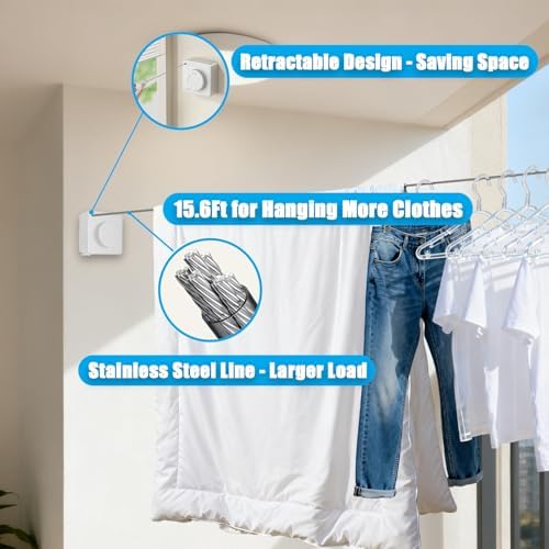 Retractable Clothesline Indoor Outdoor Non-Sag 16.2Ft Stainless Line - Image 3