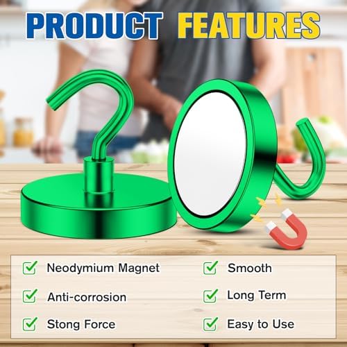 Grtard 8 Pcs Green Magnetic Hooks Heavy Duty, 120 LBS Strong Magnet Hooks - Image 3