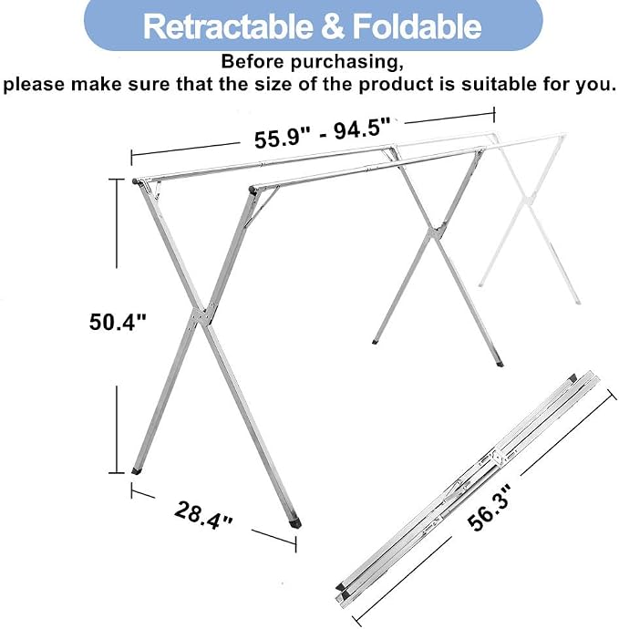 94.5in Premium Stainless Steel Clothes Drying Racks, Foldable and Adjustable - Image 2