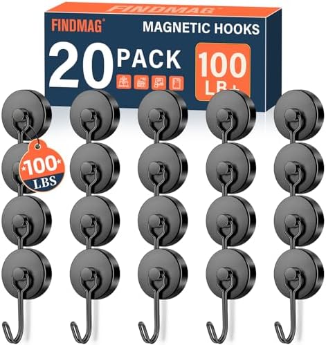 FINDMAG 20 Pack Black Magnet Hooks, 100LB+ Magnetic Hooks by FINDMAG