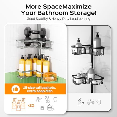 HAMITOR Shower Organizer Tension Pole: 4 Tier L-Shaped Corner Bath Shelf - Image 5