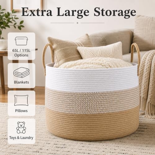 JMvicyroam 115L Extra Large Machine Washable Cotton Rope Blanket Basket - Image 2