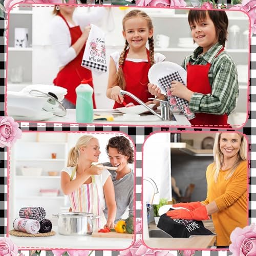 VitalCozy 6 Pcs Pink Rose Kitchen Towels Set Black and White - Image 2
