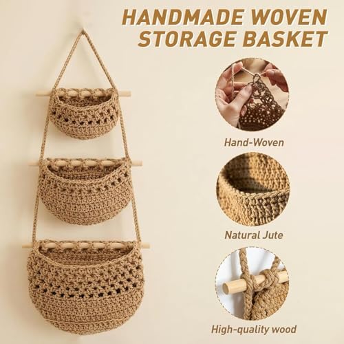 3 Tier Cotton Woven Wall Hanging Fruit Basket, 35.4 Inch - Image 5