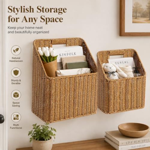 Set of 2 Waterproof Rattan Hanging Storage Baskets, Wicker Wall Baskets Decor - Image 4