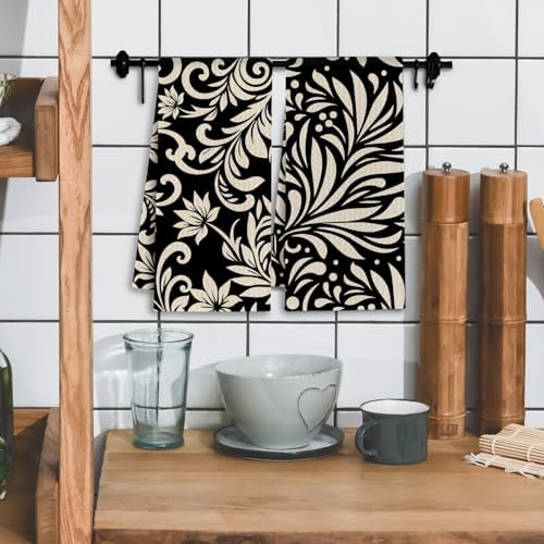 Abstract Black and White Kitchen Towels, Art Deco Nouveau Floral Dish Tea Towels - Image 2