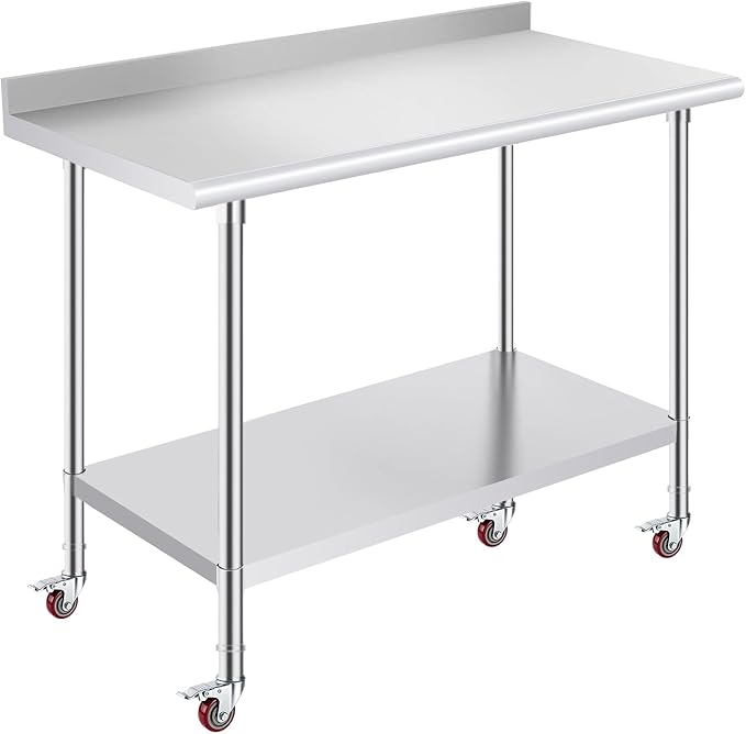 OSTBA Stainless Steel Table for Prep & Work 24x48 Inches with Casters Wheels and Backsplash, NSF Metal Commercial Heavy Duty Table with Adjustable Undershelf for Restaurant Kitchen Home and Hotel