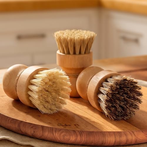 Wood Dish Brush, Natural Fiber Kitchen Scrubber - Image 3