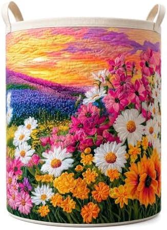 Quilted Laundry Basket with Handles, Boho Floral Quilted Storage Hamper by Unknown