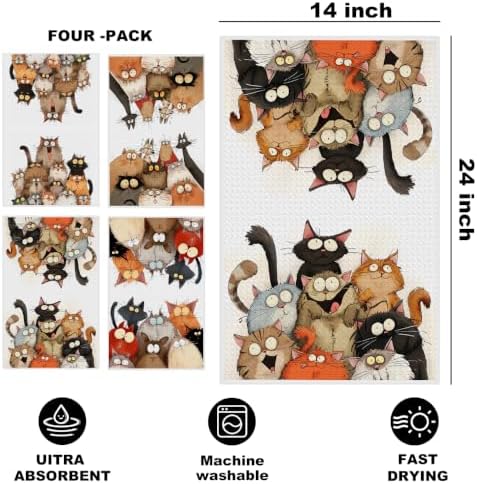 4 Pcs Cute Cat Kitchen Towels, Funny Cats Gifts Absorbent Hand Towels-02 - Image 2