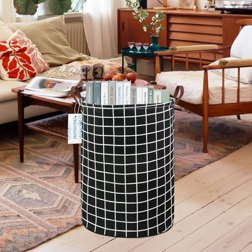 Round Laundry Basket Collapsible Storage Hamper Organizer Black Grid - Image 7