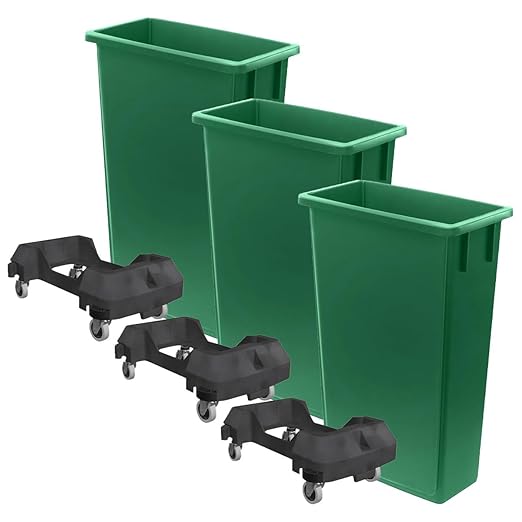 3 Pack 23 Gallon Waste Bin with Dolly, Heavy-Duty Trash Can, Slim Rectangular Garbage Bin, Durable Waste Container, Recycling Bin, Plastic Wastebasket for Kitchen, Garage, Restaurants, Office