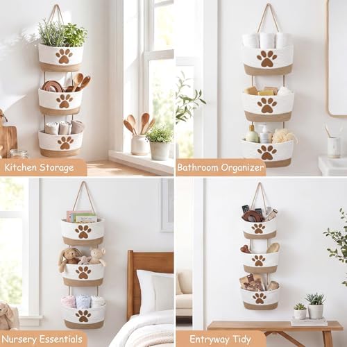 3-Tier Dog Paw Theme Cotton Rope Hanging Basket Organizer, Wall Storage Bin - Image 6