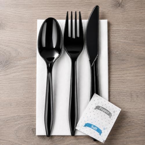 KitchenDine 100 Pack Medium Weight Wrapped Black Plastic Cutlery Pack - Image 2