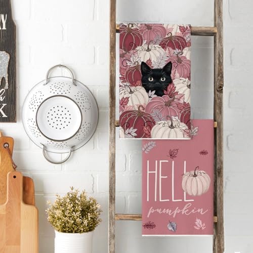 Artoid Mode Pink Pumpkin Cat Fall Kitchen Towels Set of 4 18x26 Inch - Image 3