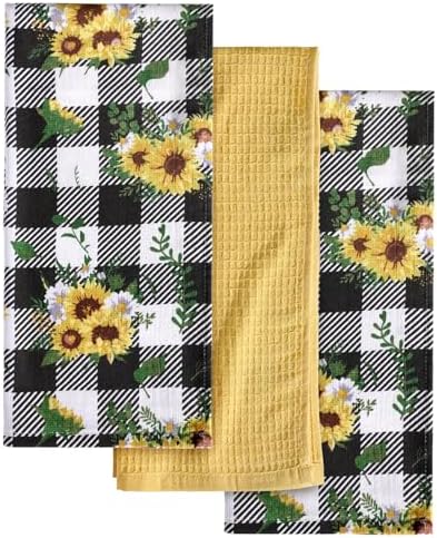 Miss Adola 3pcs 270GSM Cotton Kitchen Towels, Plaid Sunflower by MissAdola
