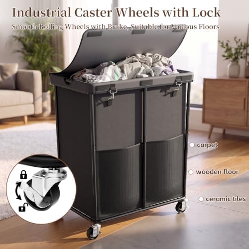 Laundry Hamper with Wheels and Lid, 225L Large Rolling Laundry Basket Gray - Image 3