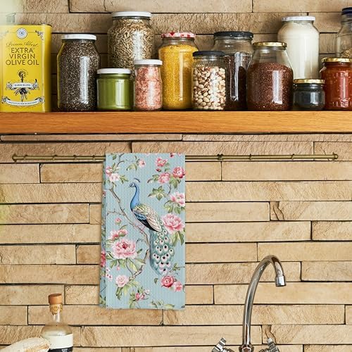Chinoiserie Floral Peacock Kitchen Towels - Image 2