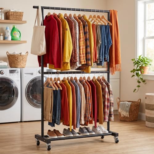 Sywhitta Double Rod Metal Clothing Garment Rack on Wheels - Image 6