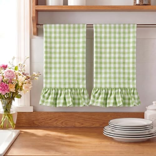 HunnmingRe 2 Pcs Mint Green Gingham Kitchen Towels Cotton Ruffled - Image 7