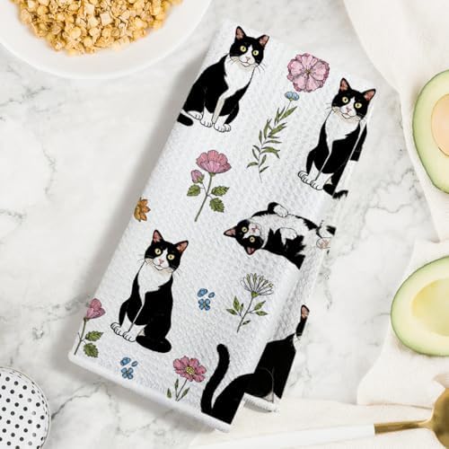 Jztco Cat Kitchen Towels, Floral Cats Gifts Reusable Hand Towels - Image 3