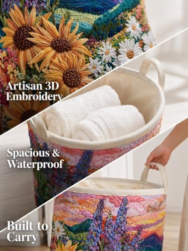Quilted Laundry Basket with Handles, Boho Floral Quilted Storage Hamper - Image 5