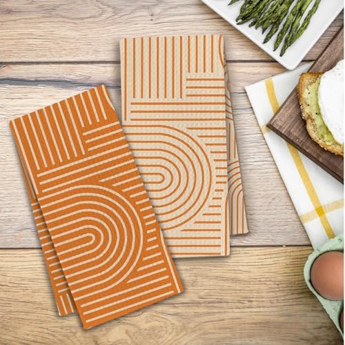 Abstract Boho Orange Kitchen Towels, Minimalist Contemporary Dish Tea Towels - Image 5