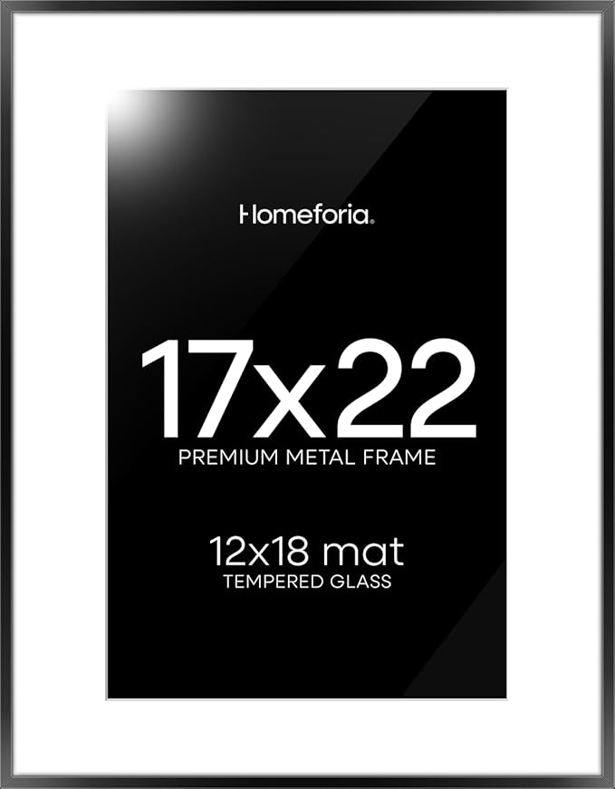 Homeforia 17x22 Picture Frame Black, High End Metal 17x22 Poster Frames with Mat 12x18 for Photo, 17 x 22 Black Frame Matted to 12 x 18 inch Print, 22x17 Thin Frame, Tempered Glass, Wall Kit, Set of 1