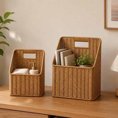 Set of 2 Waterproof Rattan Hanging Storage Baskets, Wicker Wall Baskets Decor - Image 6