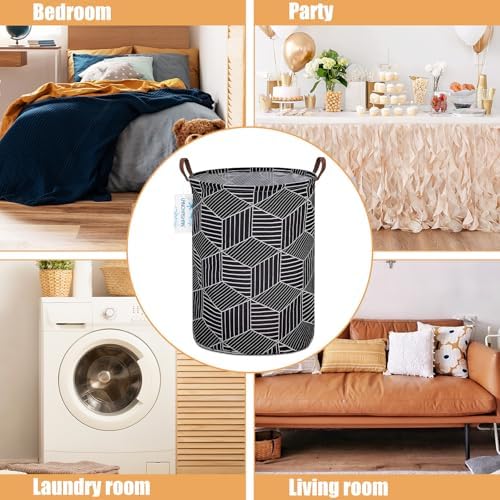 Round Laundry Basket Collapsible Storage Hamper Organizer Black diamond - Image 3