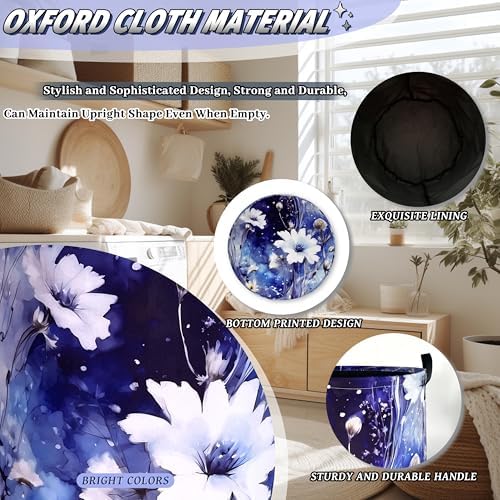 Blue Daisy Floral Laundry Basket Oxford Cloth Foldable Hamper 18.9x16.5 In - Image 6