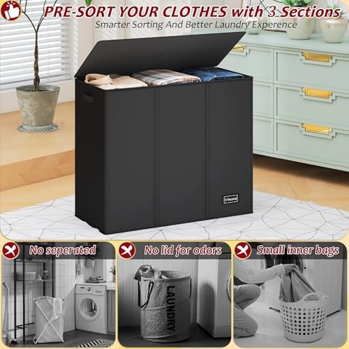 195L Laundry Hamper 3 Section, Large Laundry Hamper - Image 3